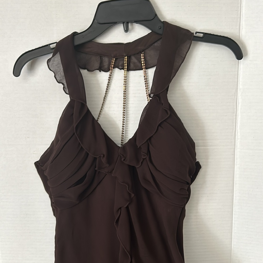 Brown cocktail dress with sparkle beads on back, ruffle neck front Junior Small